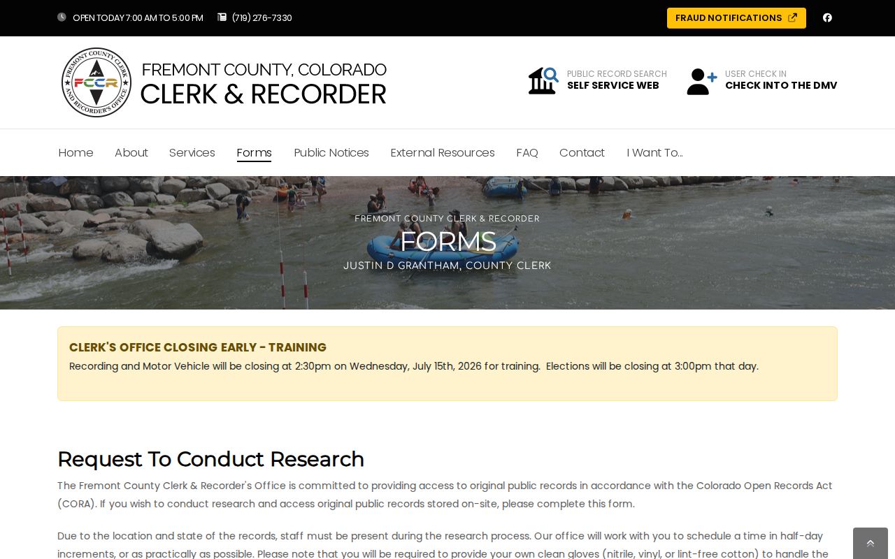 Fremont County Clerk of Court records and original-record research request distinction