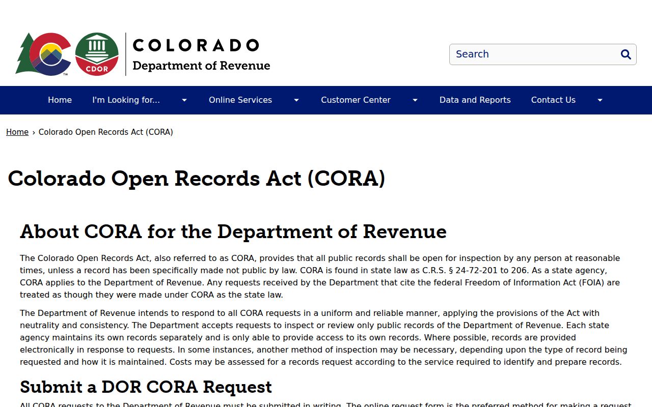 Fremont County court records Colorado Department of Revenue CORA explanation