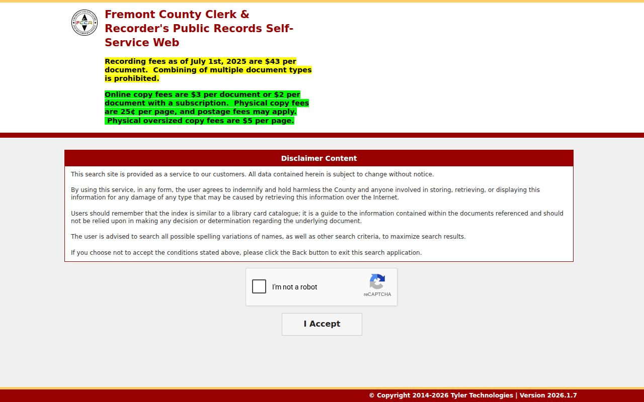Fremont County court records Clerk and Recorder Tyler self-service portal