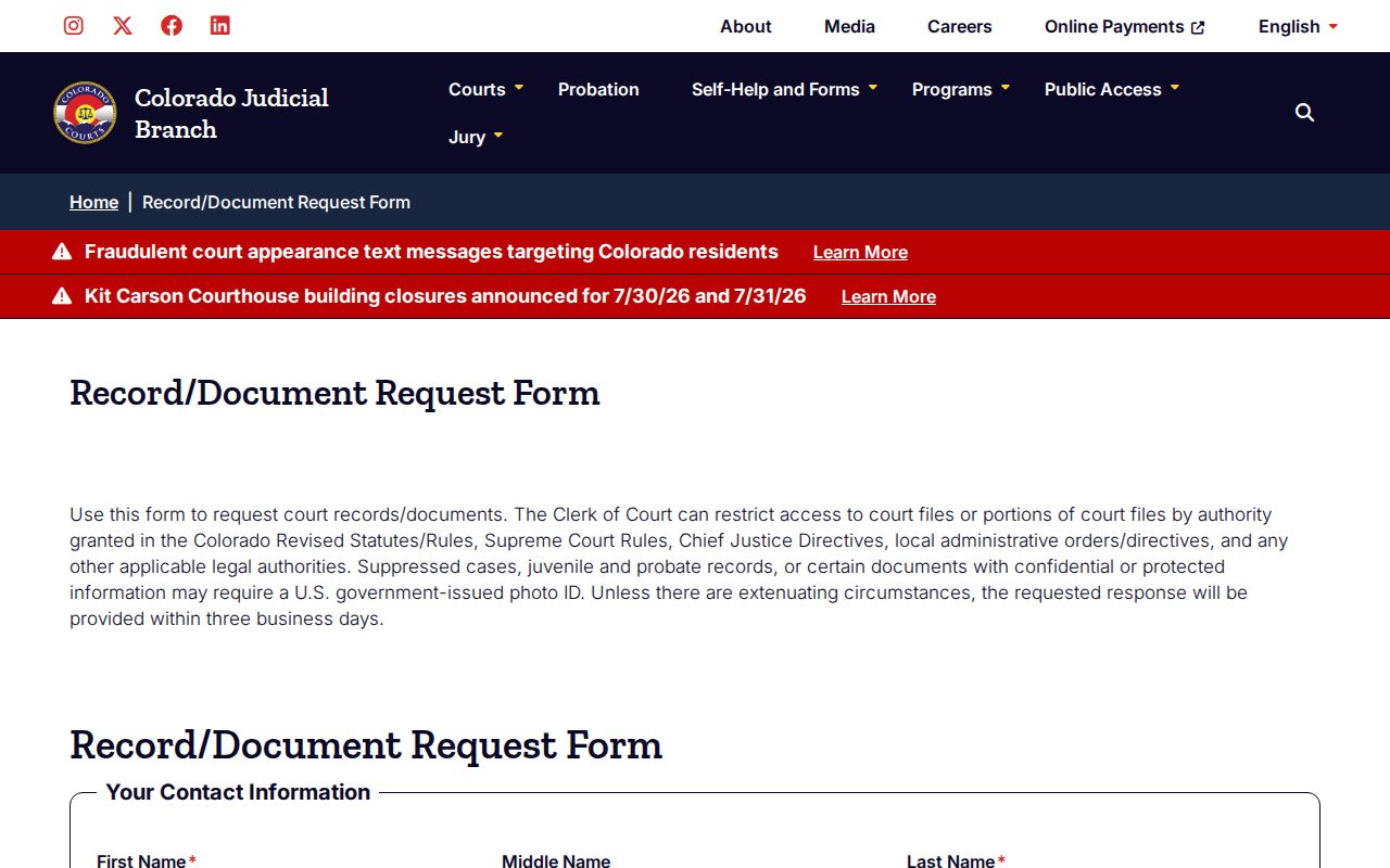 Fremont County court records Colorado record and document request form