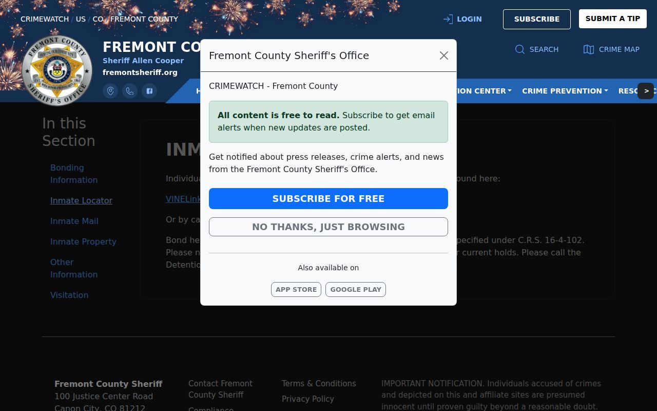 Fremont County inmate records inmate locator instructions