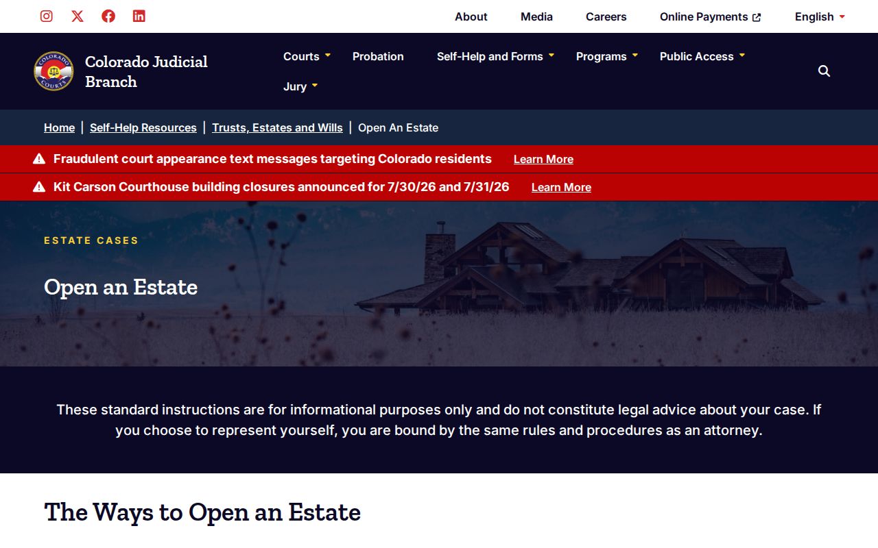 Fremont County probate records Colorado Judicial Branch open estate guidance