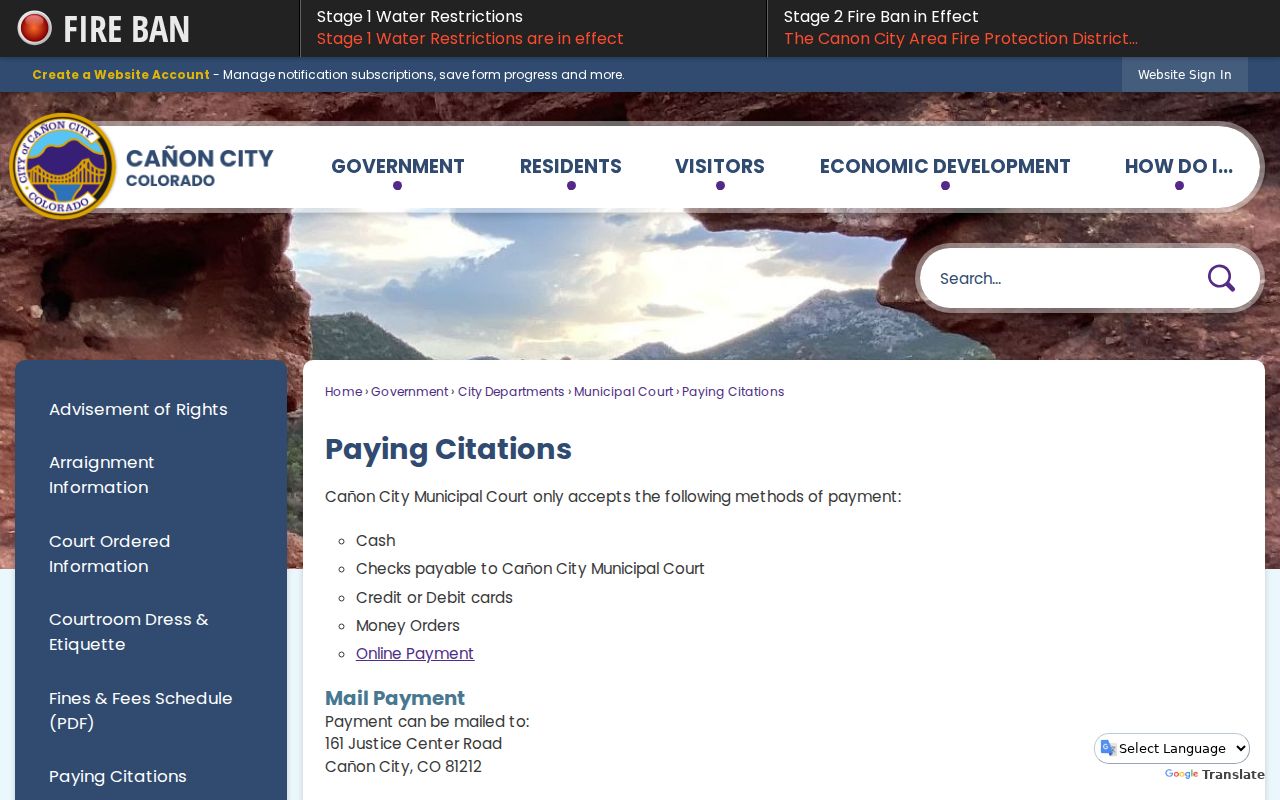 Fremont County traffic court records payment instructions for Canon City citations