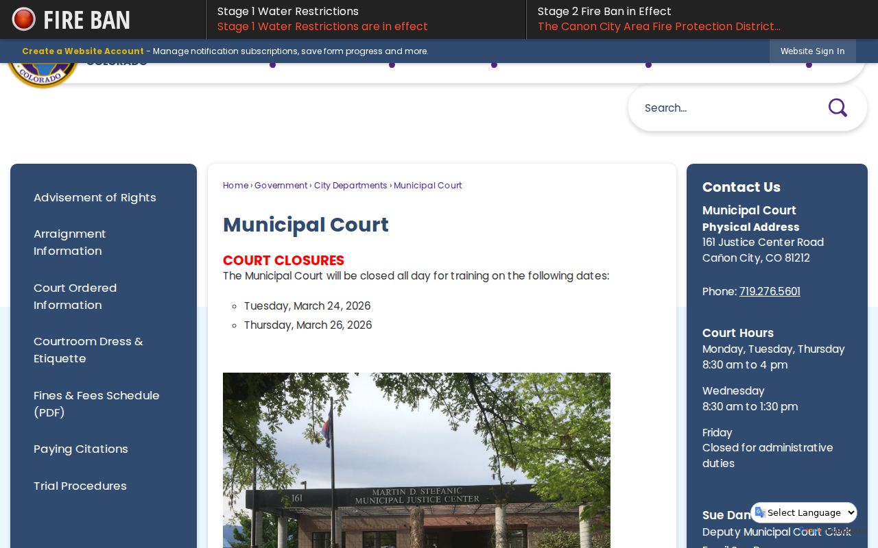 Fremont County traffic court records at Canon City Municipal Court